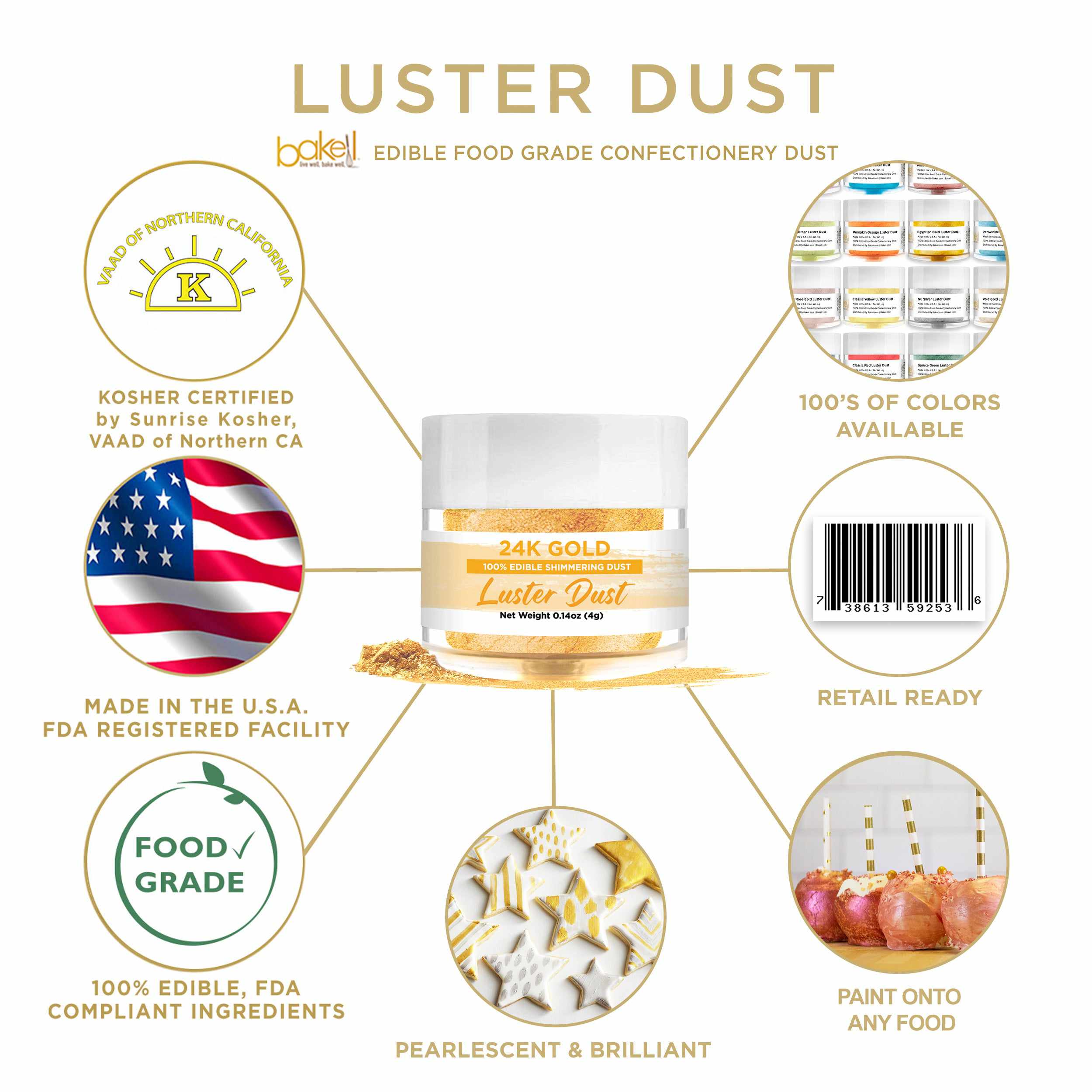24K Gold Luster Dust Metallic Baking Dust and Shimmering Edible Paint 4g Jar Information