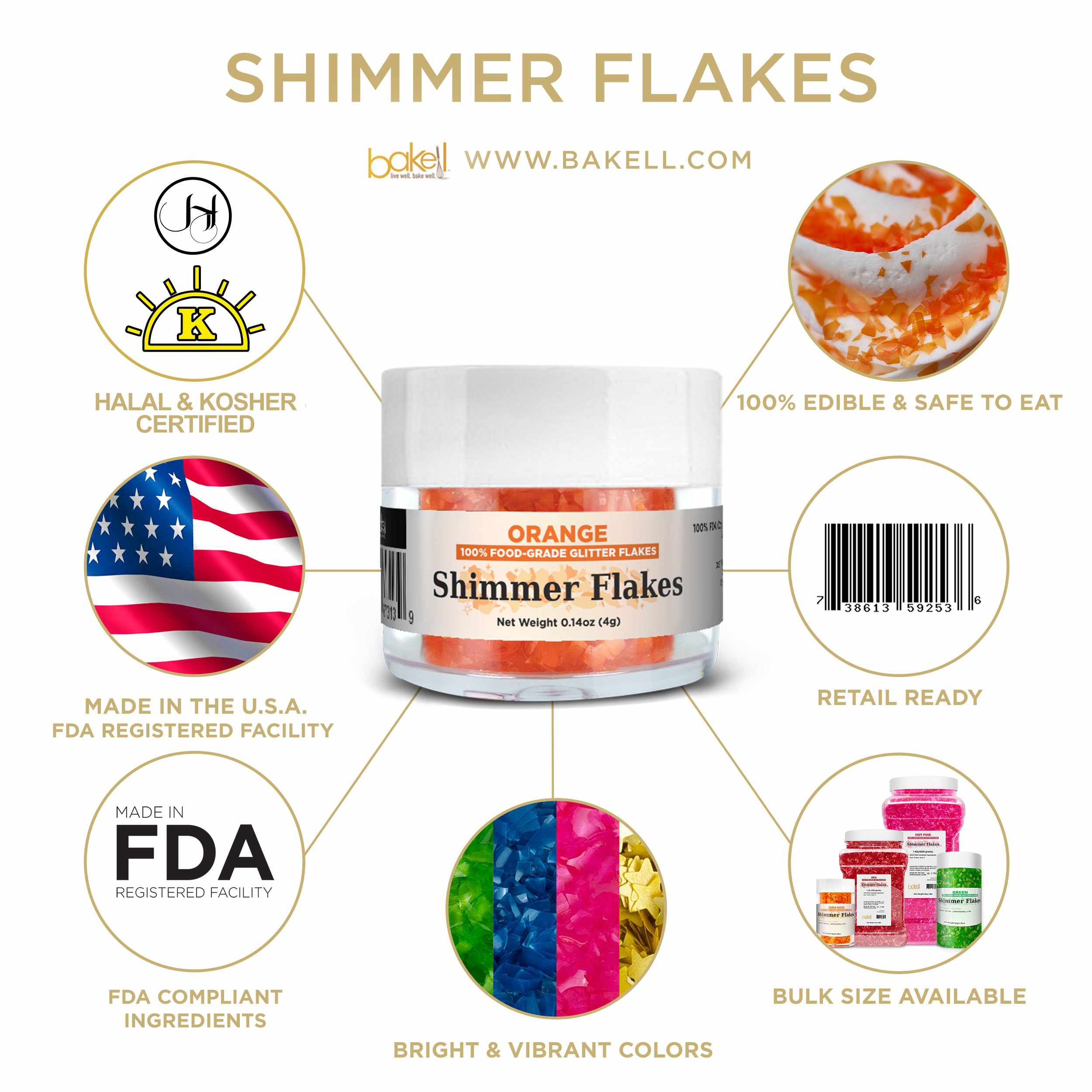 Shimmer Flakes Kosher Certified, Halal Certified, FDA Compliant Edible Flakes | Bakell.com