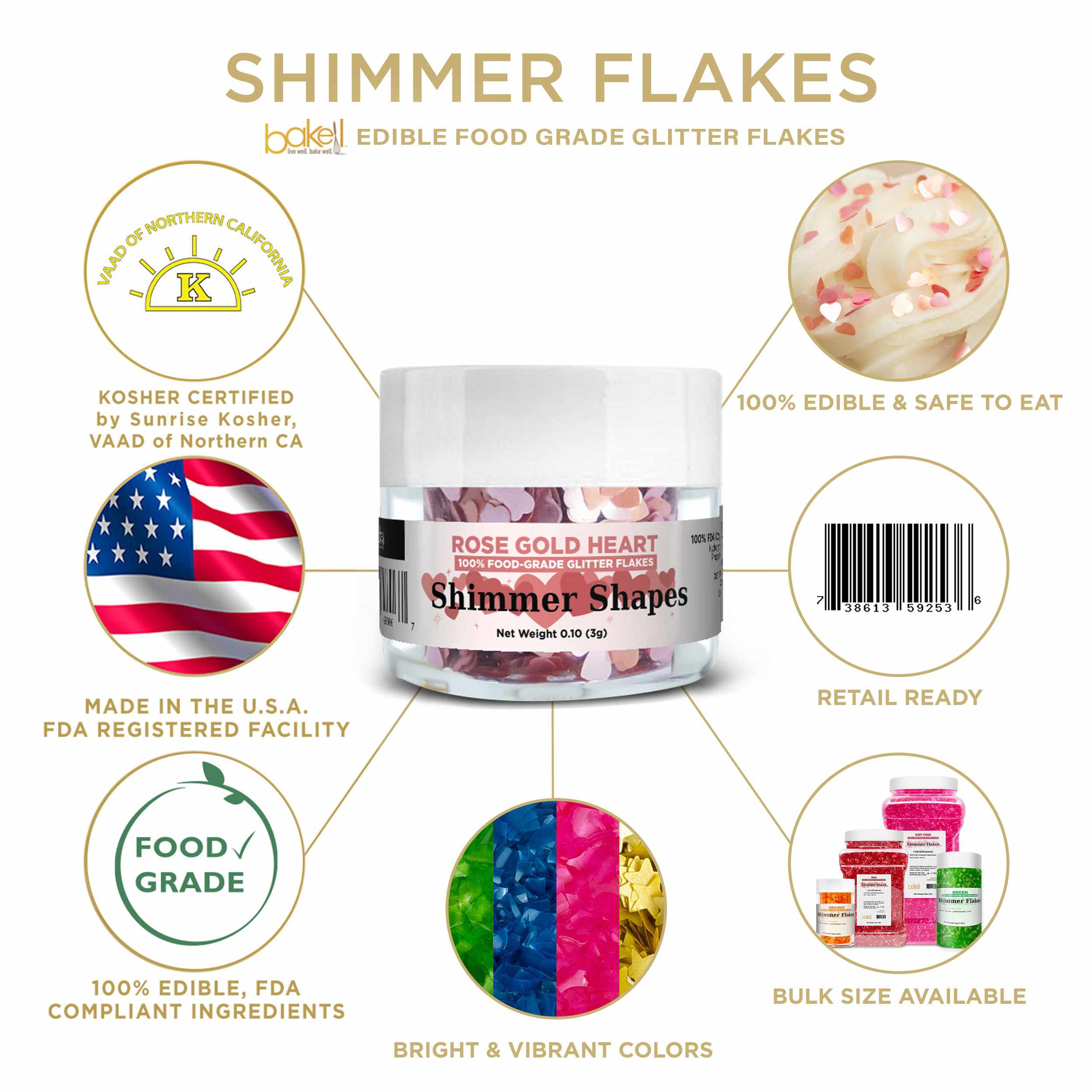 Rose Gold Heart Edible Shimmer Flakes | bakell.com