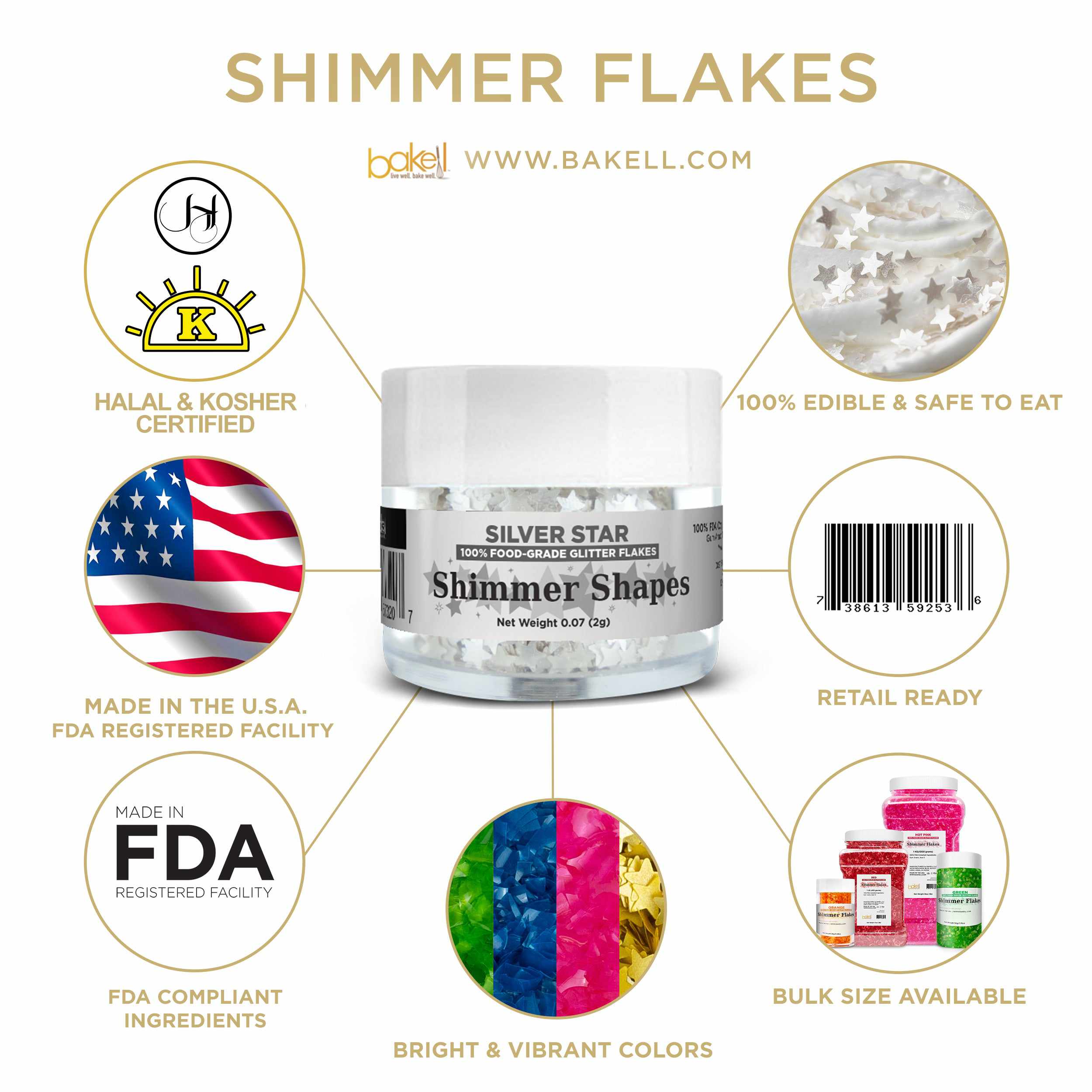 Shimmer Flakes Kosher Certified, Halal Certified, FDA Compliant Edible Flakes | Bakell.com