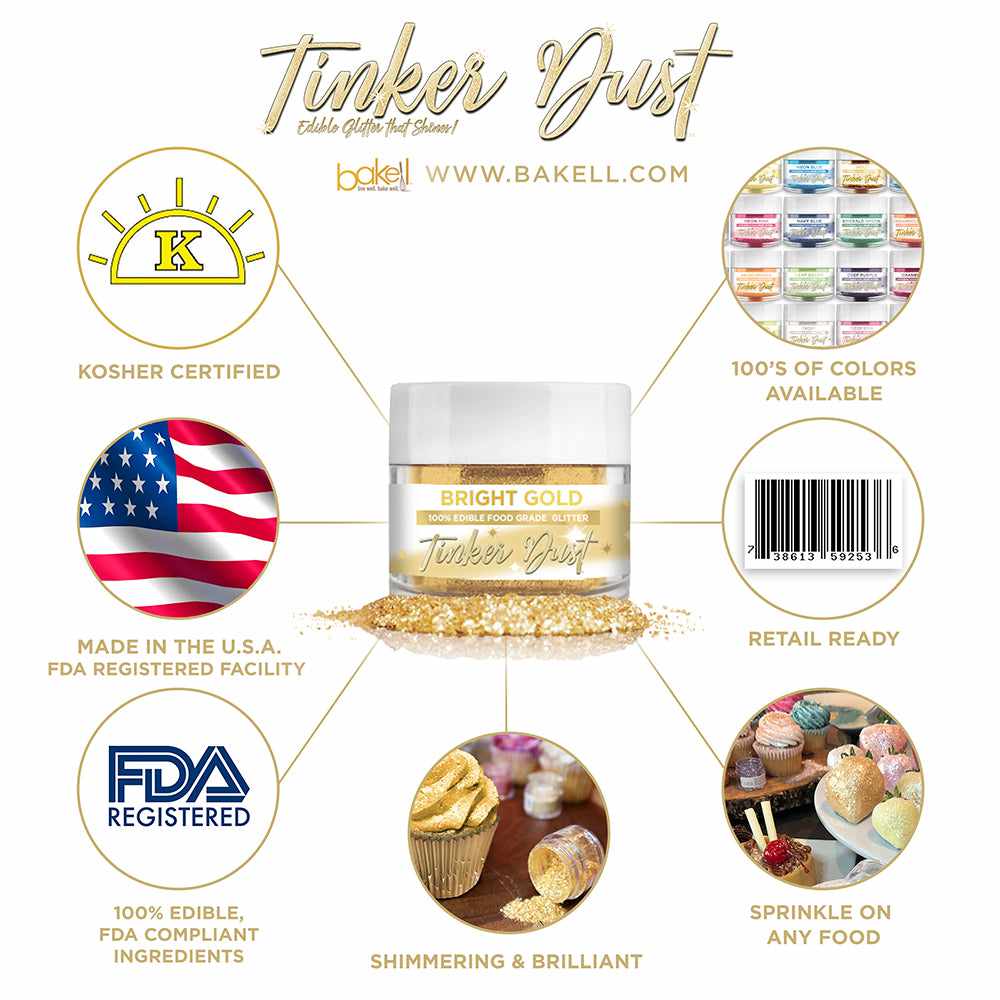 Bright Gold Edible Glitter Tinker Dust | FDA Compliant | Kosher Certified | Made in the USA | Bakell.com