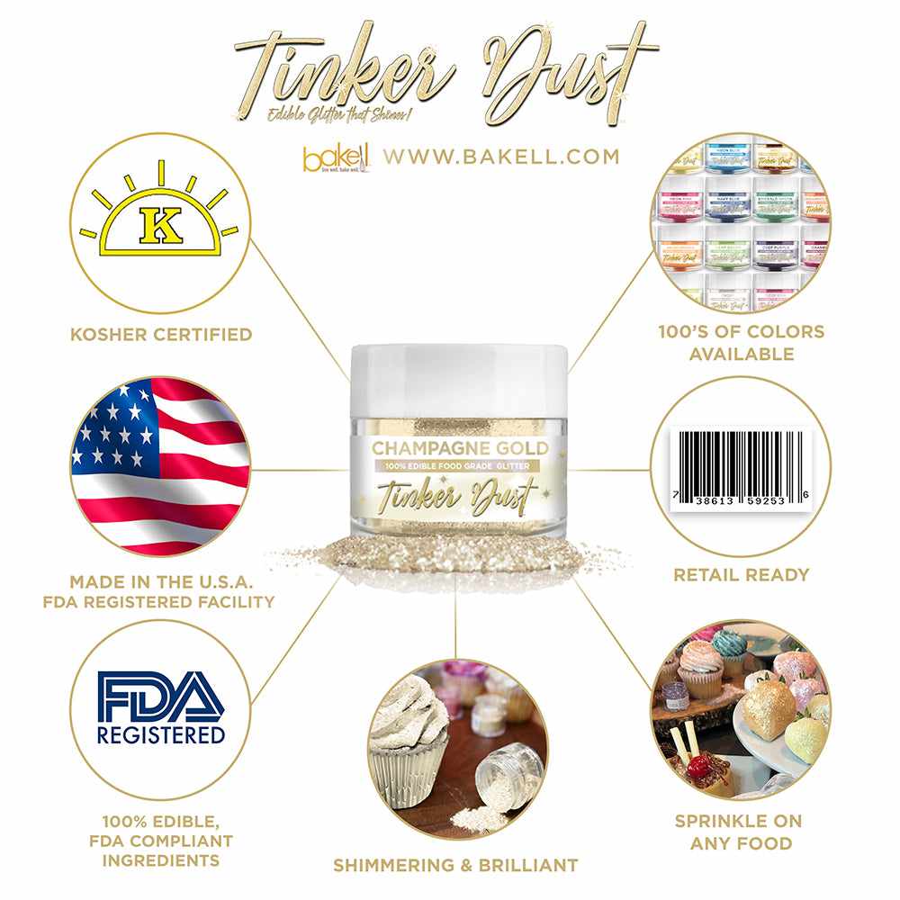 Champagne Gold Edible Glitter Tinker Dust | FDA Compliant | Kosher Certified | Made in the USA | Bakell.com