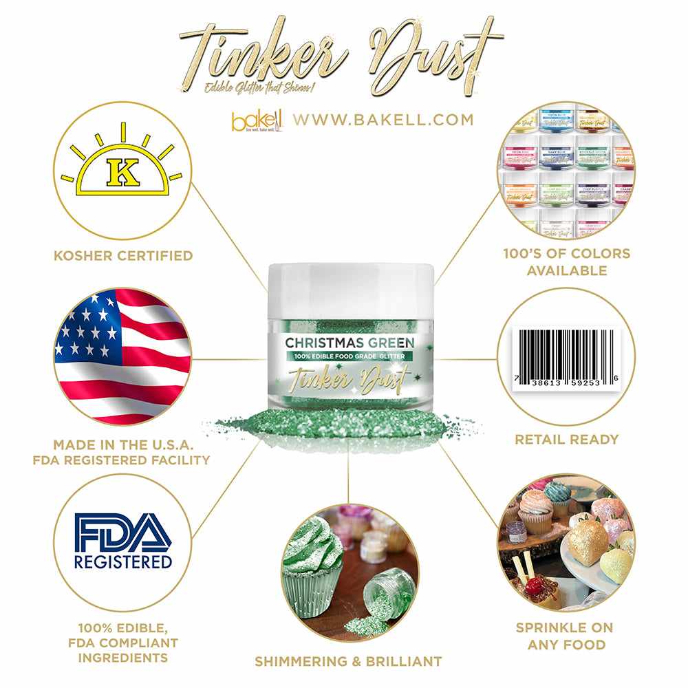 Christmas Green Edible Glitter Tinker Dust | FDA Compliant | Kosher Certified | Made in the USA | Bakell.com