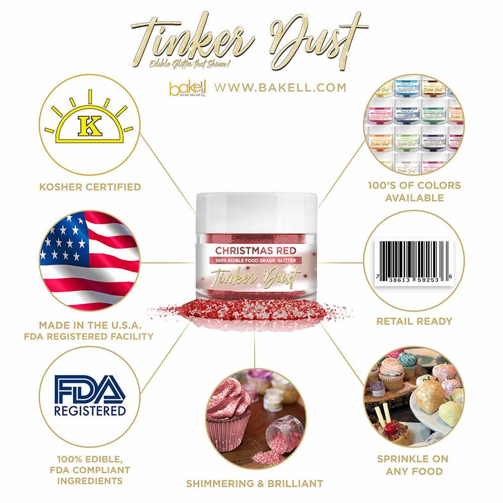 Christmas Red Edible Glitter Tinker Dust | FDA Compliant | Kosher Certified | Made in the USA | Bakell.com