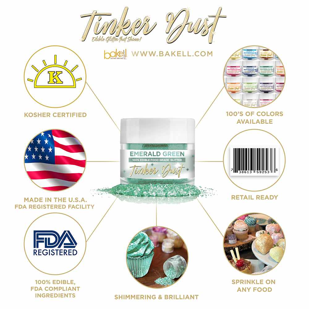 Emerald Green Edible Glitter Tinker Dust | FDA Compliant | Kosher Certified | Made in the USA | Bakell.com