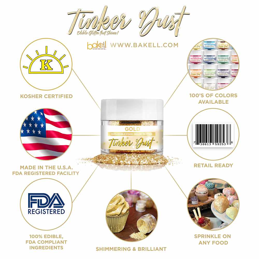Gold Edible Glitter Tinker Dust | FDA Compliant | Kosher Certified | Made in the USA | Bakell.com