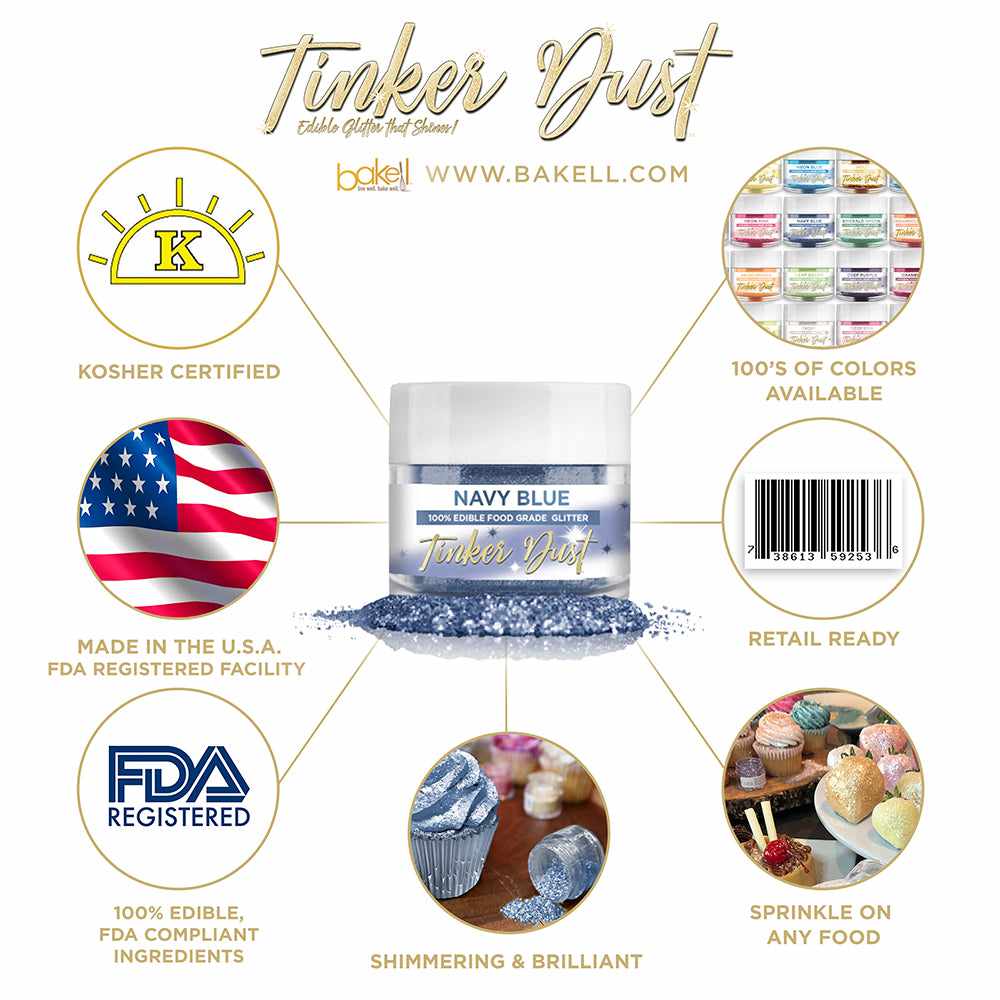 Navy Blue Edible Glitter Tinker Dust | FDA Compliant | Kosher Certified | Made in the USA | Bakell.com