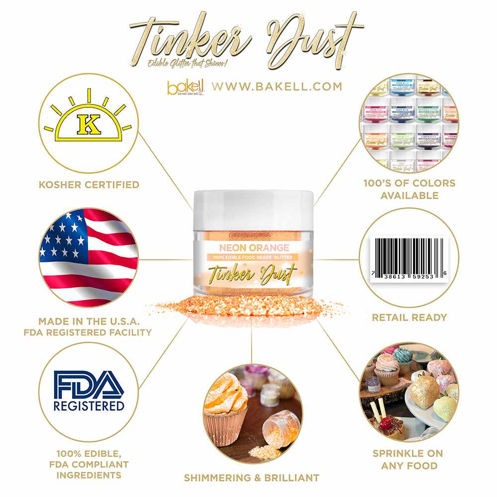Neon Orange Edible Glitter Tinker Dust | FDA Compliant | Kosher Certified | Made in the USA | Bakell.com
