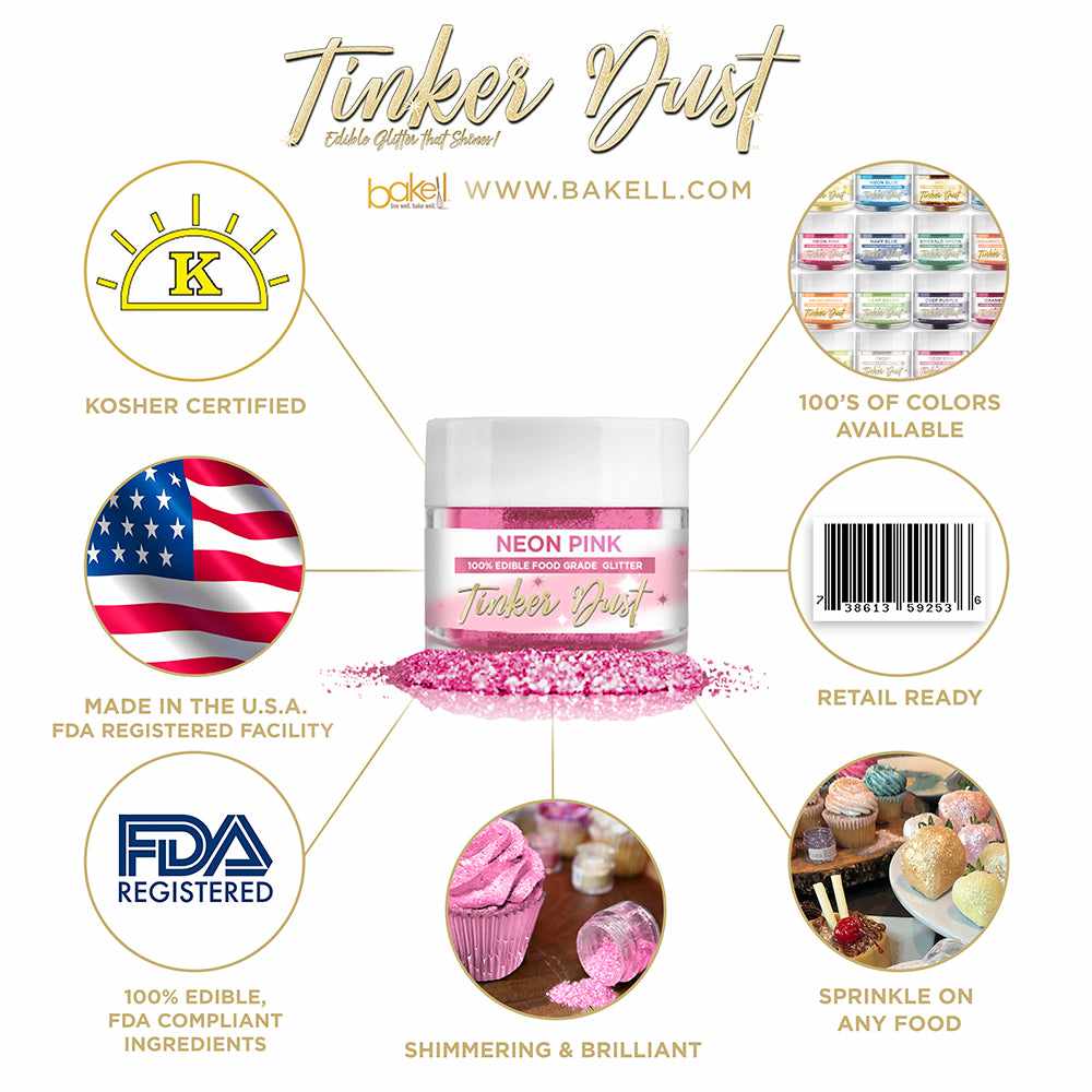 Neon Pink Edible Glitter Tinker Dust | FDA Compliant | Kosher Certified | Made in the USA | Bakell.com