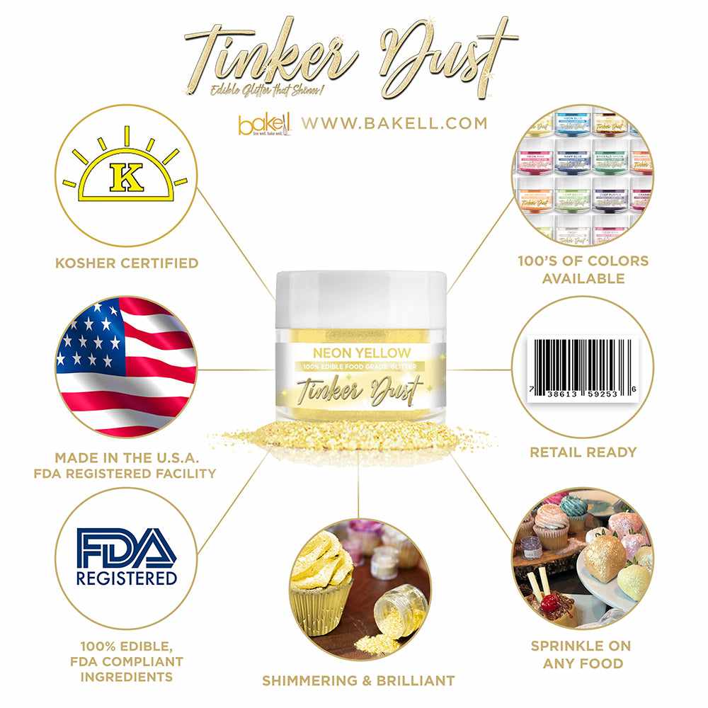 Neon Yellow Edible Glitter Tinker Dust | FDA Compliant | Kosher Certified | Made in the USA | Bakell.com