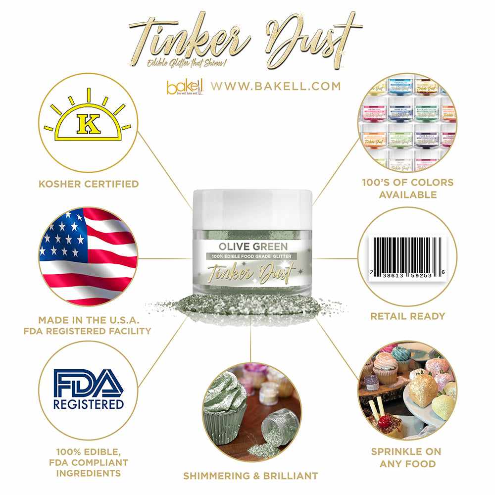 Olive Green Edible Glitter Tinker Dust | FDA Compliant | Kosher Certified | Made in the USA | Bakell.com