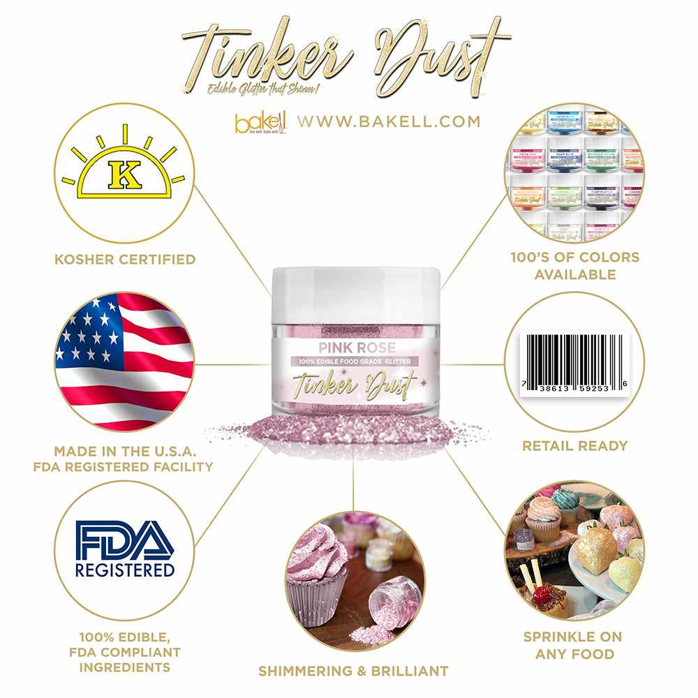 Pink Rose Edible Glitter Tinker Dust | FDA Compliant | Kosher Certified | Made in the USA | Bakell.com