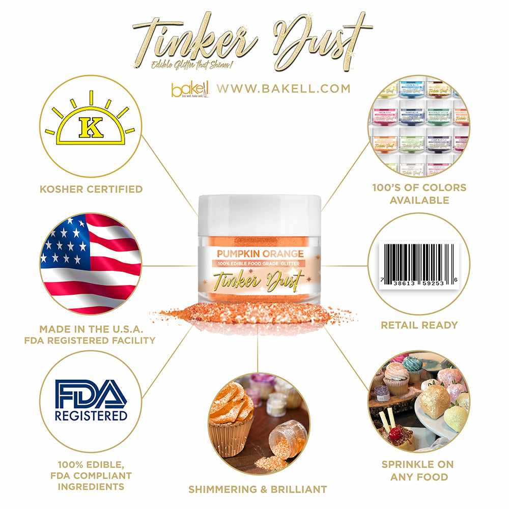 Pumpkin Orange Edible Glitter Tinker Dust | FDA Compliant | Kosher Certified | Made in the USA | Bakell.com