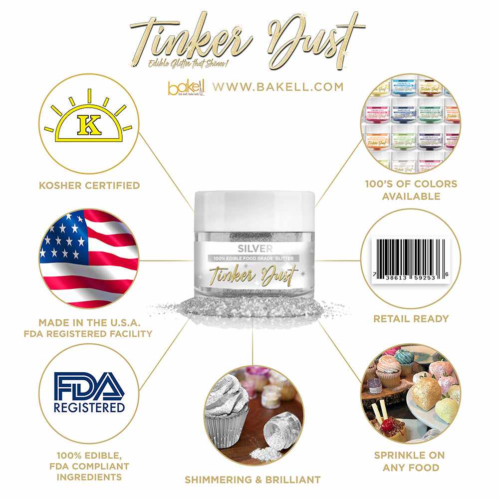 Silver Edible Glitter Tinker Dust | FDA Compliant | Kosher Certified | Made in the USA | Bakell.com
