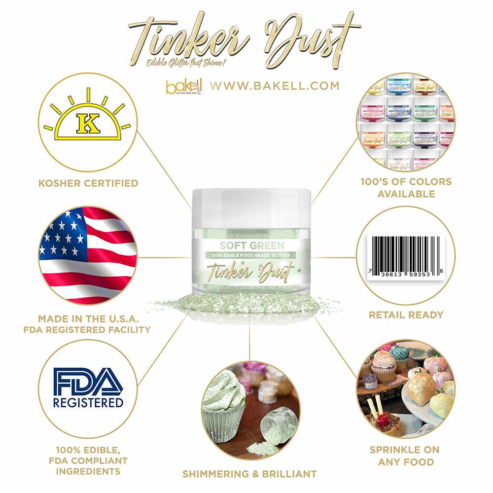 Soft Green Edible Glitter Tinker Dust | FDA Compliant | Kosher Certified | Made in the USA | Bakell.com
