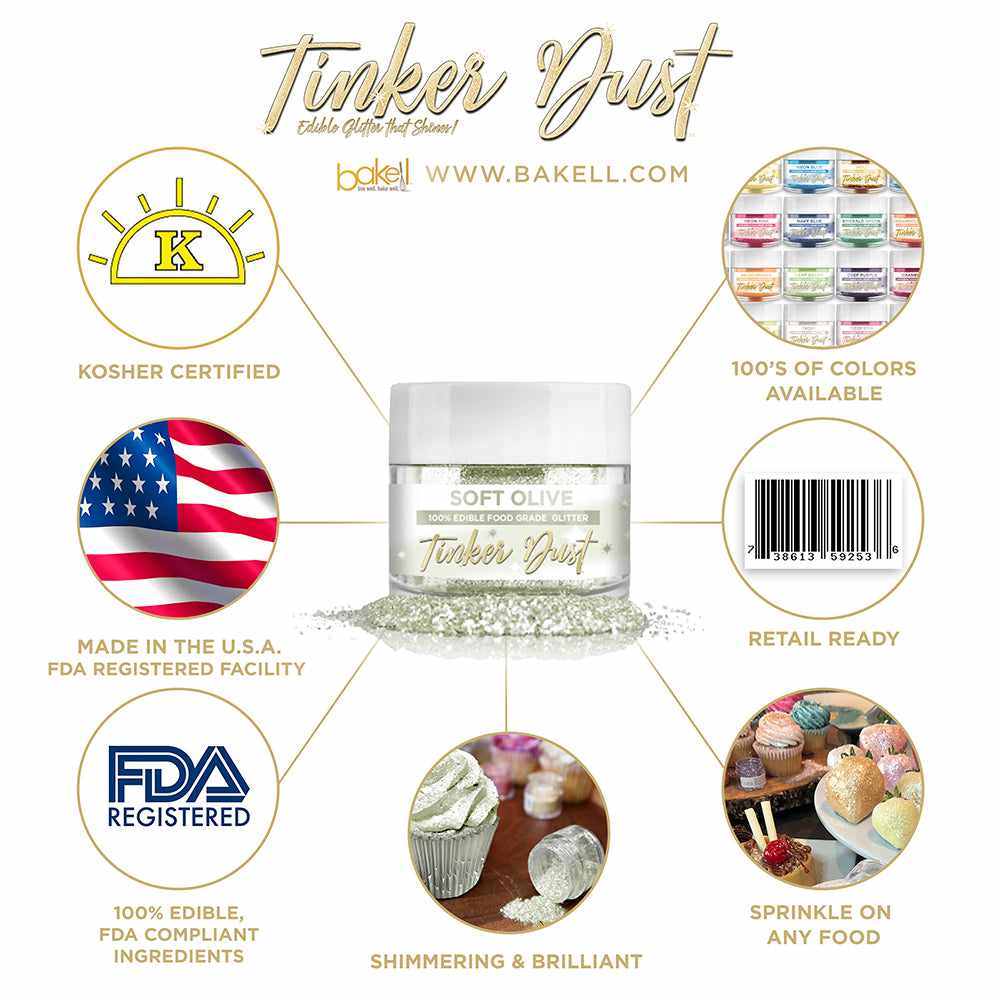 Soft Olive Edible Glitter Tinker Dust | FDA Compliant | Kosher Certified | Made in the USA | Bakell.com