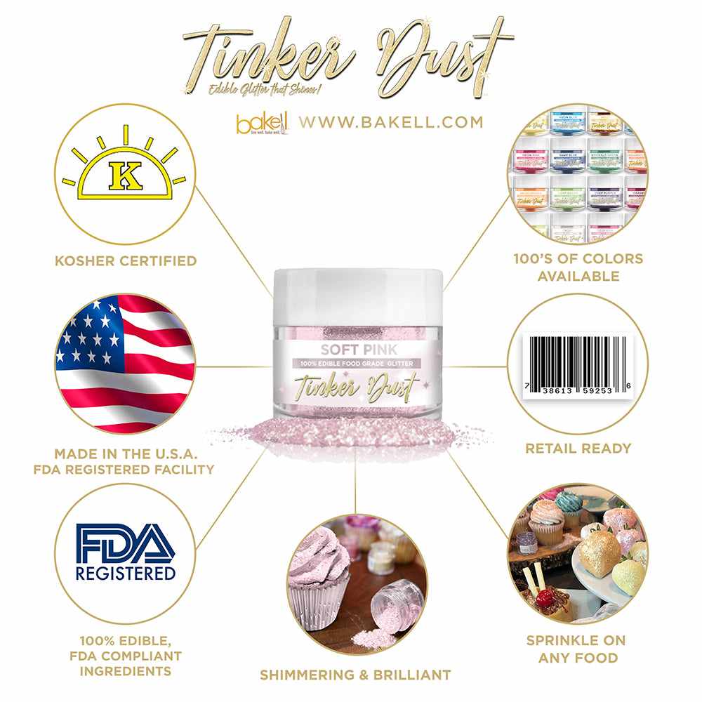 Soft Pink Edible Glitter Tinker Dust | FDA Compliant | Kosher Certified | Made in the USA | Bakell.com