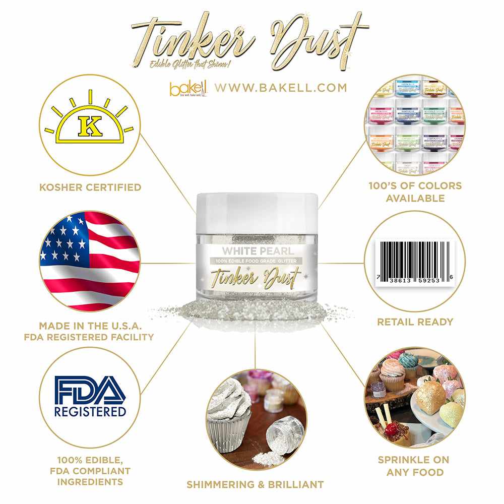White Pearl Edible Glitter Tinker Dust | FDA Compliant | Kosher Certified | Made in the USA | Bakell.com