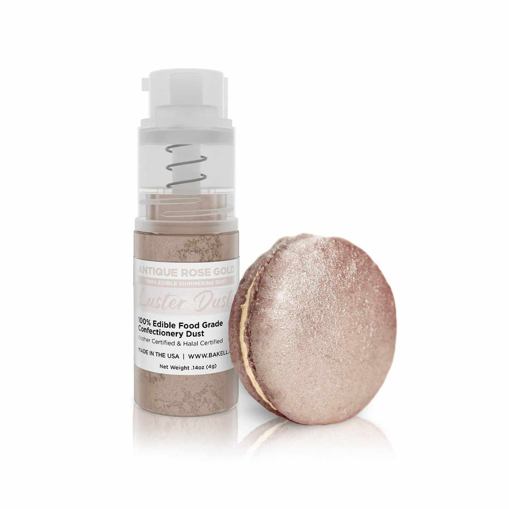 Antique Rose Gold Luster Dust Mini Spray Glitter | Infographic for Edible Glitter. FDA Compliant Made in USA | Bakell.com