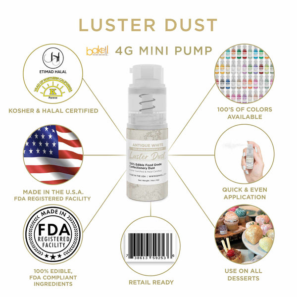 Antique White Luster Dust Mini Spray Glitter | Infographic for Edible Glitter. FDA Compliant Made in USA | Bakell.com