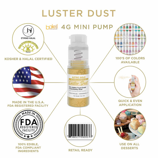 Aztec Gold Luster Dust Mini Spray Glitter | Infographic for Edible Glitter. FDA Compliant Made in USA | Bakell.com