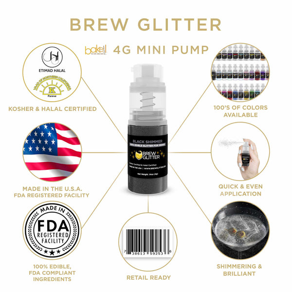 Black Shimmer Beverage Mini Spray Glitter | Infographic for Edible Glitter. FDA Compliant Made in USA | Bakell.com