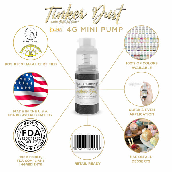 Black Shimmer Tinker Dust Mini Spray Glitter | Infographic for Edible Glitter. FDA Compliant Made in USA | Bakell.com