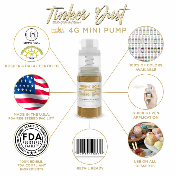 Bright Gold Tinker Dust Mini Spray Glitter | Infographic for Edible Glitter. FDA Compliant Made in USA | Bakell.com