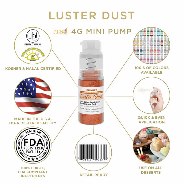Bronze Luster Dust Mini Spray Glitter | Infographic for Edible Glitter. FDA Compliant Made in USA | Bakell.com
