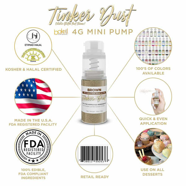 Brown Tinker Dust Mini Spray Glitter | Infographic for Edible Glitter. FDA Compliant Made in USA | Bakell.com