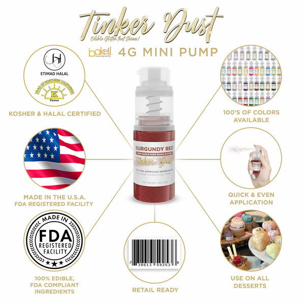 Burgundy Red Tinker Dust Mini Spray Glitter | Infographic for Edible Glitter. FDA Compliant Made in USA | Bakell.com