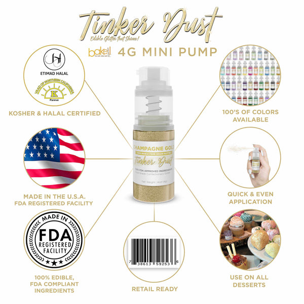 Champagne Gold Tinker Dust Mini Spray Glitter | Infographic for Edible Glitter. FDA Compliant Made in USA | Bakell.com