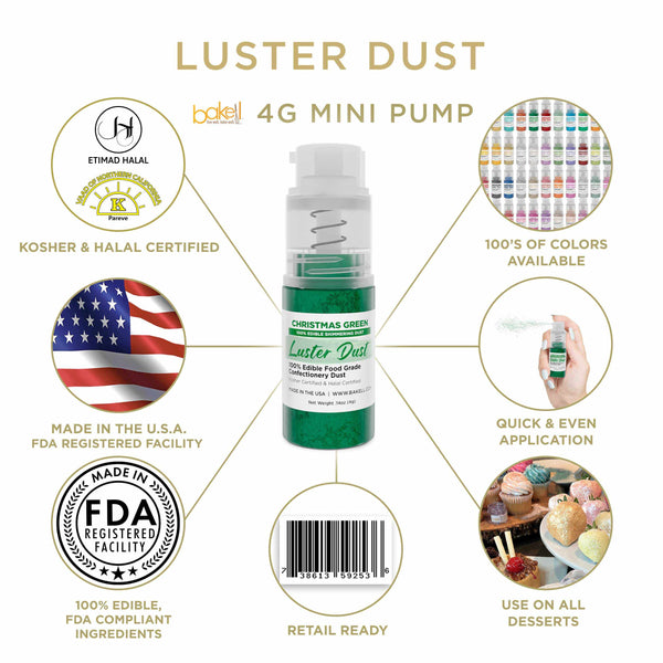 Christmas Green Luster Dust Mini Spray Glitter | Infographic for Edible Glitter. FDA Compliant Made in USA | Bakell.com