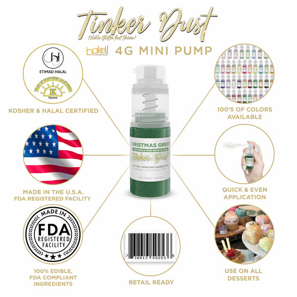 Christmas Green Tinker Dust Mini Spray Glitter | Infographic for Edible Glitter. FDA Compliant Made in USA | Bakell.com