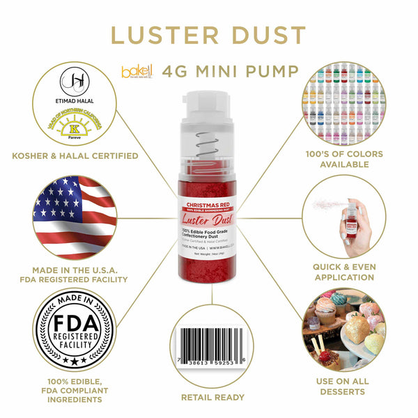 Christmas Red Luster Dust Mini Spray Glitter | Infographic for Edible Glitter. FDA Compliant Made in USA | Bakell.com