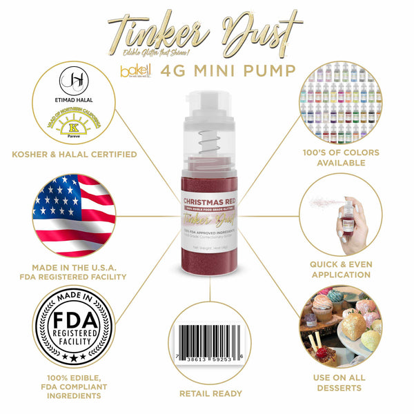 Christmas Red Tinker Dust Mini Spray Glitter | Infographic for Edible Glitter. FDA Compliant Made in USA | Bakell.com