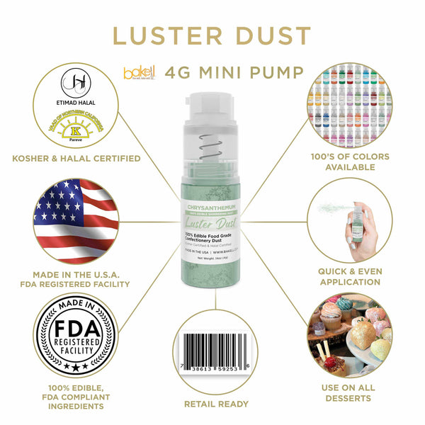 Chrysanthemum Green Luster Dust Mini Spray Glitter | Infographic for Edible Glitter. FDA Compliant Made in USA | Bakell.com