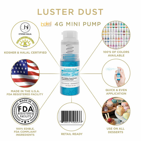 Classic Blue Luster Dust Mini Spray Glitter | Infographic for Edible Glitter. FDA Compliant Made in USA | Bakell.com