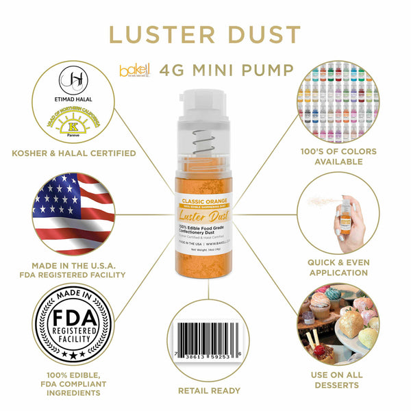 Classic Orange Luster Dust Mini Spray Glitter | Infographic for Edible Glitter. FDA Compliant Made in USA | Bakell.com