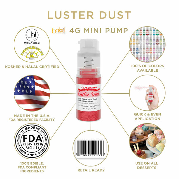 Classic Red Luster Dust Mini Spray Glitter | Infographic for Edible Glitter. FDA Compliant Made in USA | Bakell.com