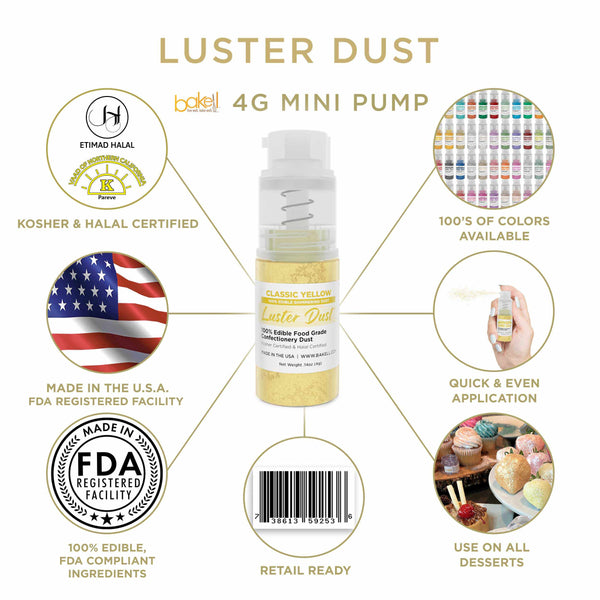Classic Yellow Luster Dust Mini Spray Glitter | Infographic for Edible Glitter. FDA Compliant Made in USA | Bakell.com