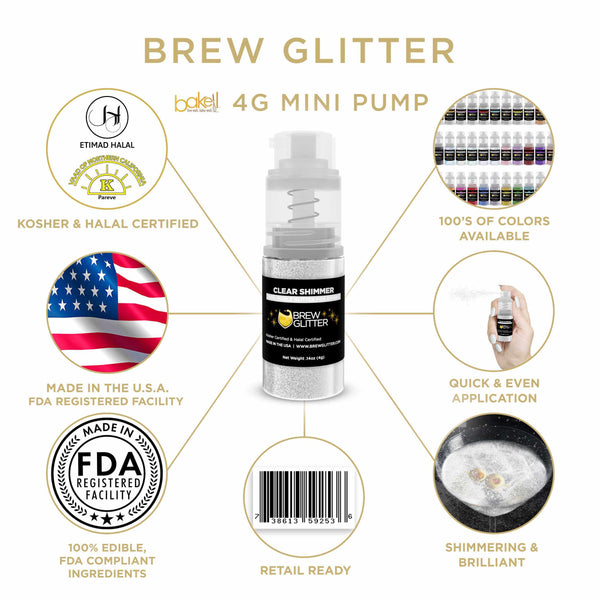 Clear Shimmer Beverage Mini Spray Glitter | Infographic for Edible Glitter. FDA Compliant Made in USA | Bakell.com