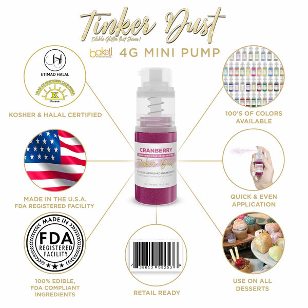 Cranberry Tinker Dust Mini Spray Glitter | Infographic for Edible Glitter. FDA Compliant Made in USA | Bakell.com