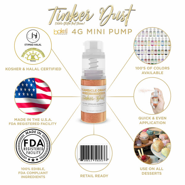 Creamsicle Orange Tinker Dust Mini Spray Glitter | Infographic for Edible Glitter. FDA Compliant Made in USA | Bakell.com