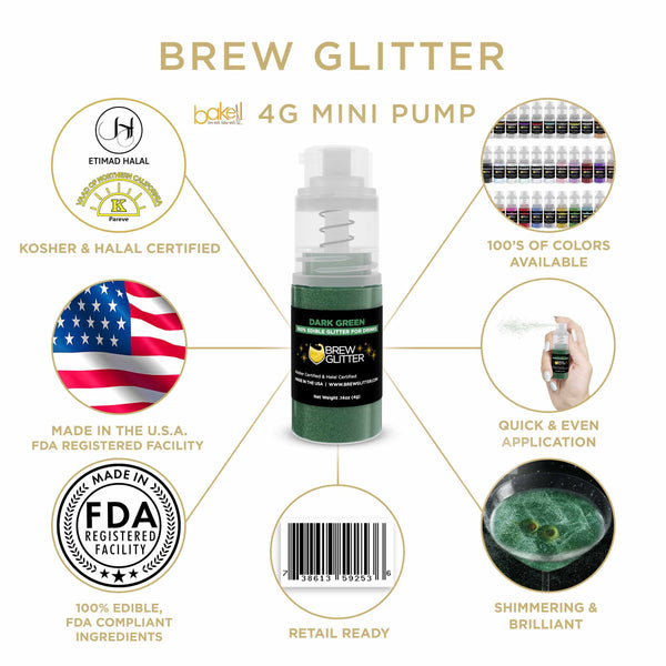 Dark Green Beverage Mini Spray Glitter | Infographic for Edible Glitter. FDA Compliant Made in USA | Bakell.com