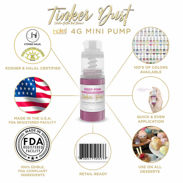 Deep Pink Tinker Dust Mini Spray Glitter | Infographic for Edible Glitter. FDA Compliant Made in USA | Bakell.com