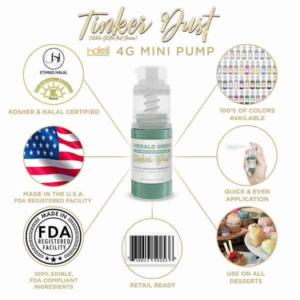 Emerald Green Tinker Dust Mini Spray Glitter | Infographic for Edible Glitter. FDA Compliant Made in USA | Bakell.com