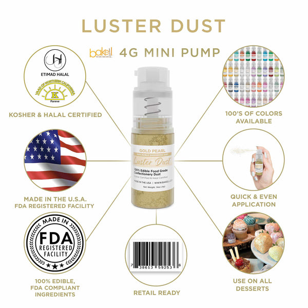 Gold Pearl Luster Dust Mini Spray Glitter | Infographic for Edible Glitter. FDA Compliant Made in USA | Bakell.com