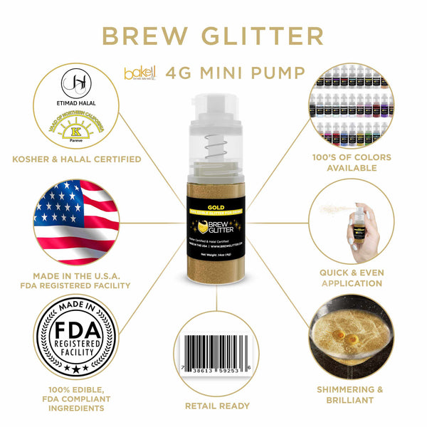 Gold Beverage Mini Spray Glitter | Infographic for Edible Glitter. FDA Compliant Made in USA | Bakell.com