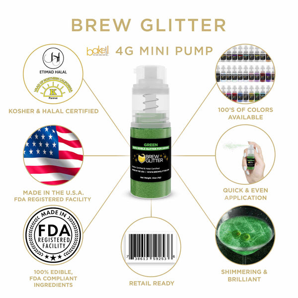 Green Beverage Mini Spray Glitter | Infographic for Edible Glitter. FDA Compliant Made in USA | Bakell.com